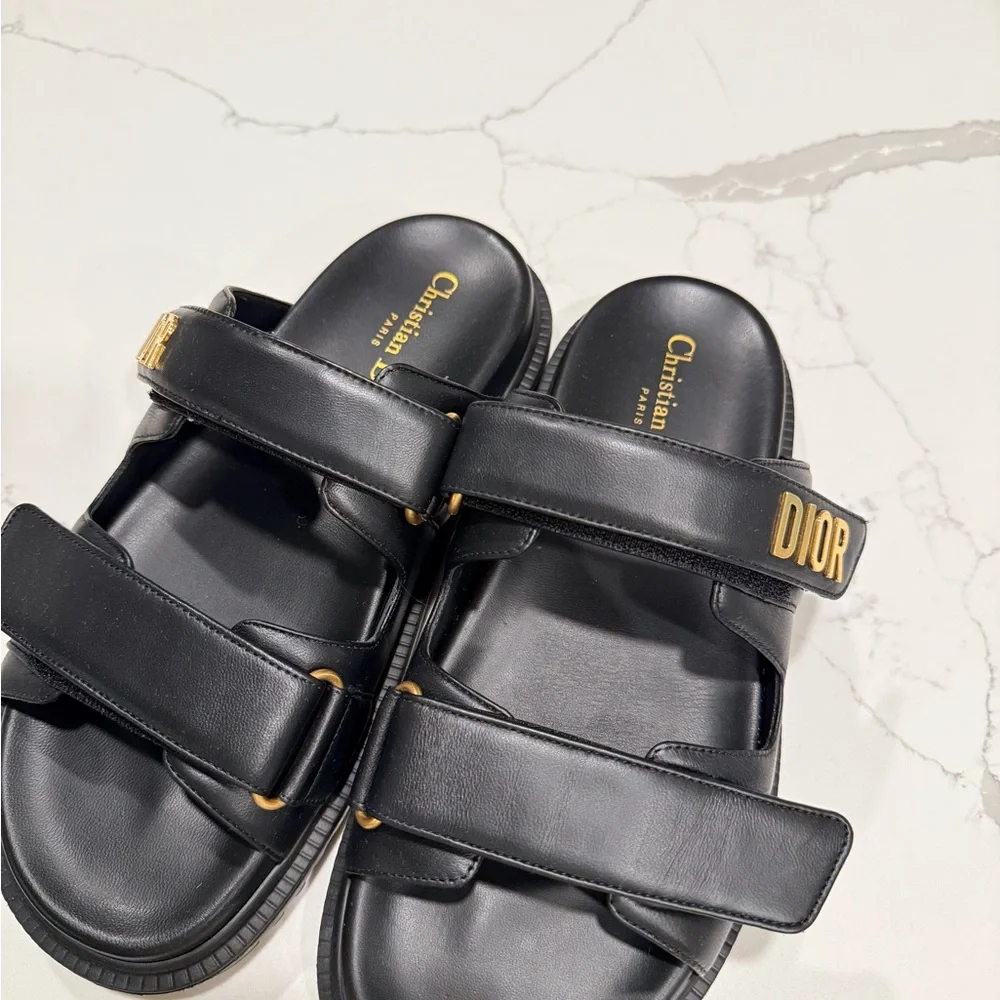 Dior Black Leather Sandals with Gold Logo - Picture 2 of 7